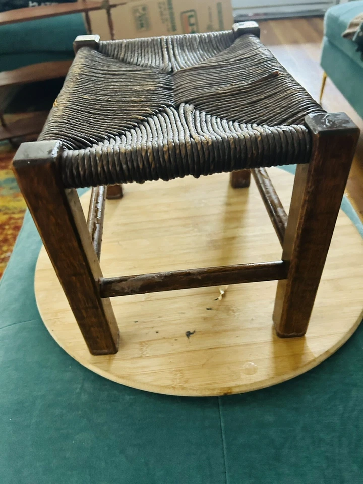 Pequeño reposapiés de madera vintage ratán mimbre planta soporte 13x9 Foto 2 de 4