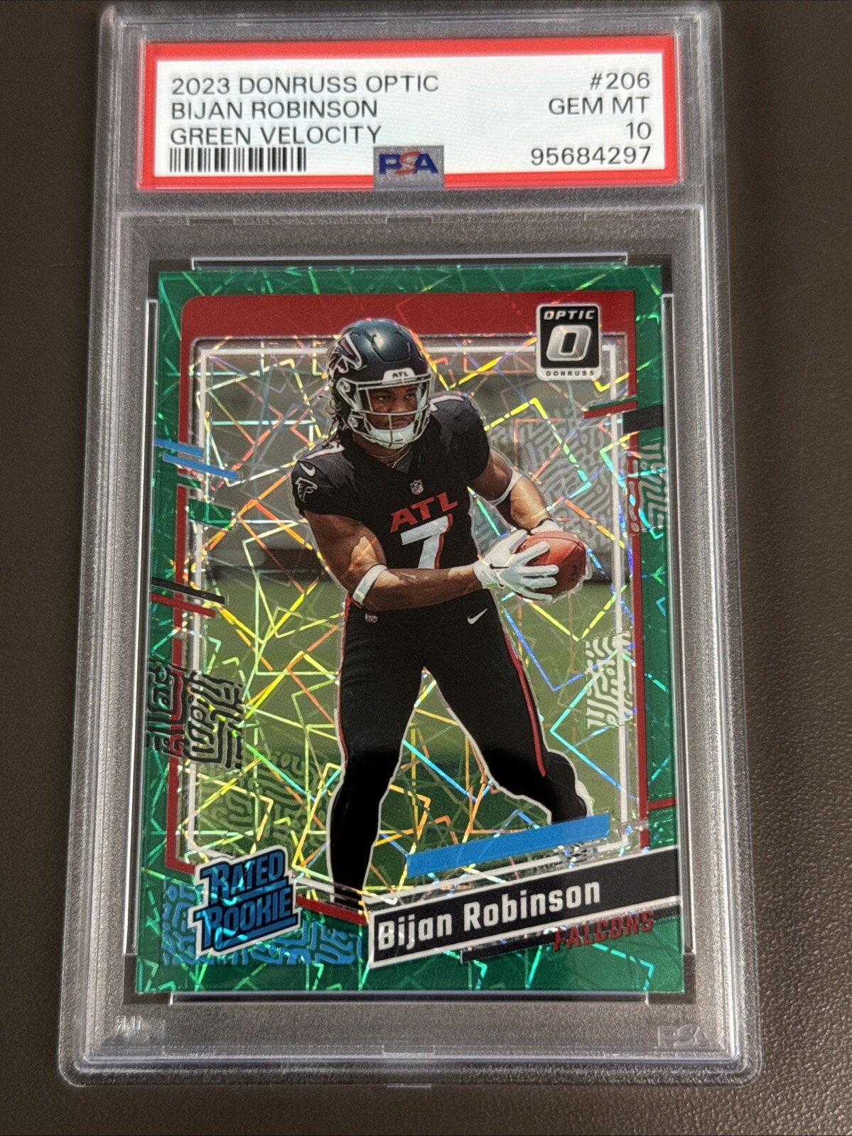 2023 Donruss Optic Bijan Robinson Rated Rookie #206 Green Velocity PSA 10 Gem