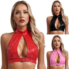 UK Women's Backless Latex PVC Leather Crop Top Wet Look Vest Clubwear Party Club