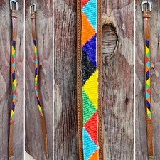 vintage beaded belt genuine leather made in Hong Kong western cowboy cowgirl M/L