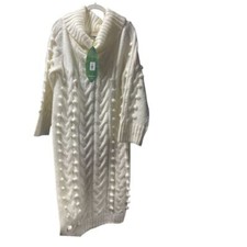 FARM Rio Chunky Cable Knit Sweater Dress Long Winter White Pom Pom Detail SZ M
