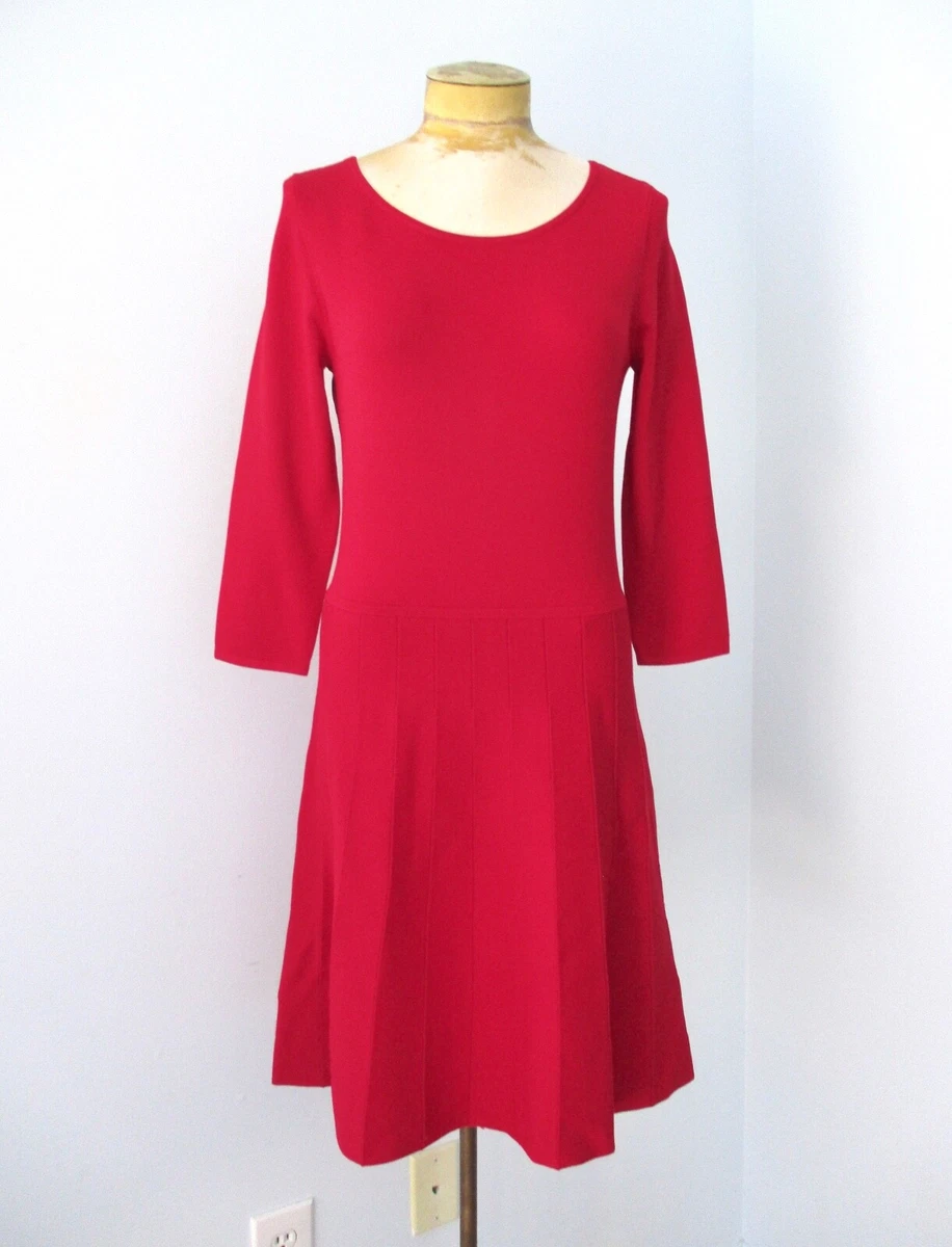 NWT $139 Ann Taylor Holiday Red Knit Sweater Dress Drop Waist Pin Tuck  Pleats L