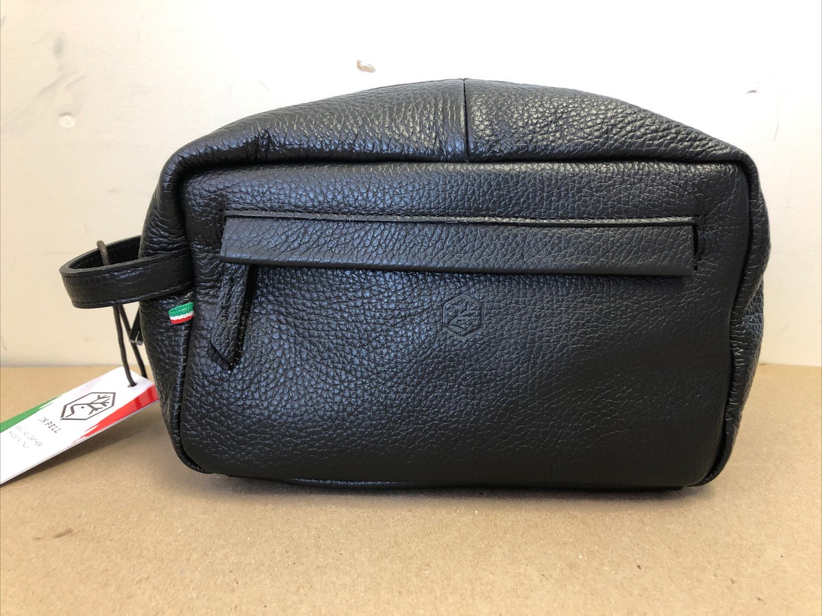 Valentina Small Toiletry Bag Dopp Kit Black Leather Made in Italy