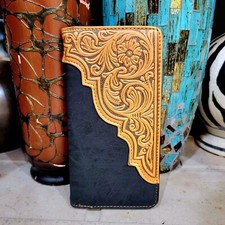 Western Mens Wallet Faux Leather bifold Checkbook Style MONTANA WEST Handtooled