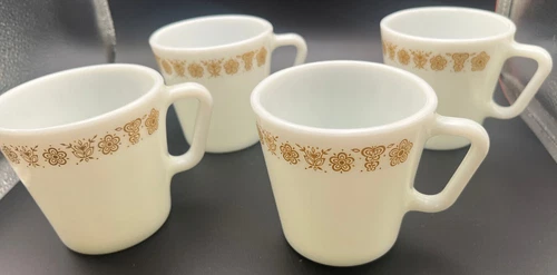 Set of 4 Pyrex Corning Butterfly Gold Coffee Cups Mugs D Handle #1410 Milk Glass