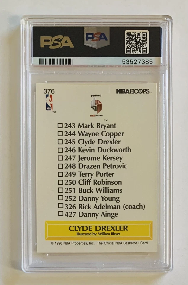 1990 HOOPS TEAM CHECKLIST #376 CLYDE DREXLER PSA 9 - NBA TRAILBLAZERS CARD -WOW! - Image 2 of 2