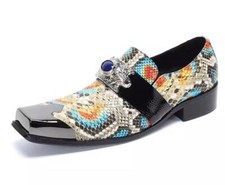 Men's Printed British Metal SquareToe Slip-on Real Leather Shoes Multicolor New