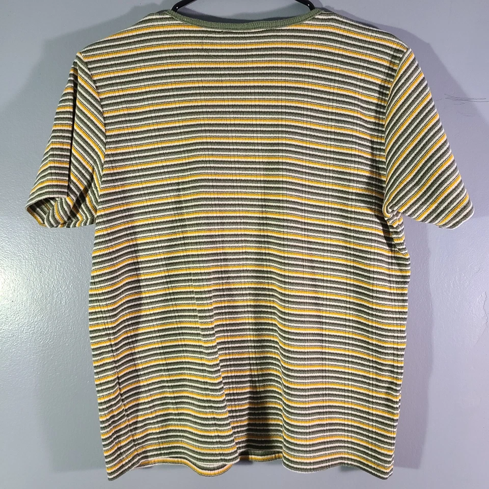 Basic Editions Shirt Women's Sz M V-Neck Green Yellow Striped Short Sleeve - Image 4 of 4