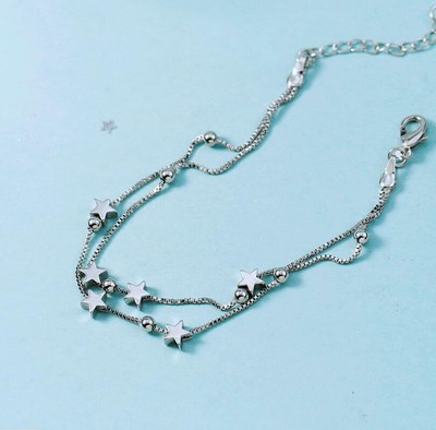 Silver SP Stars Beads Foot Ankle Bracelet Double Chain Anklet A04 