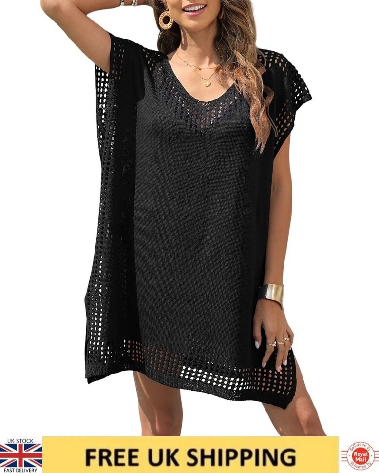 Womens Beach Cover All Black Knit Sarong Kaftan Swimwear Dress Swimsuit T  Shirt