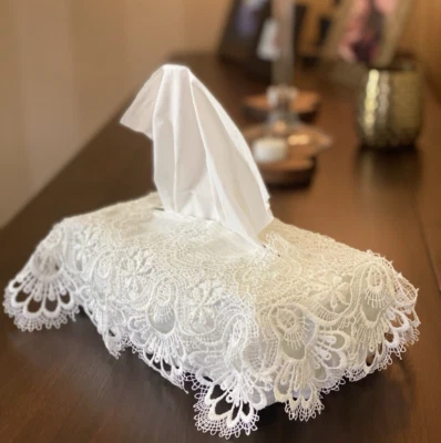 COCOON Tissue Box Cover Rectangle Nottingham Style Lace White Luxury Gift