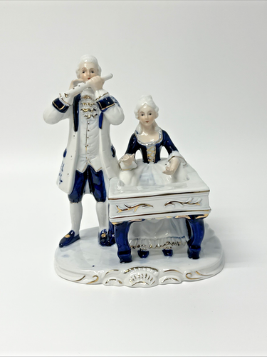 Vintage Rokoko Porzellan Königspaar Figur blau weiß gold Kolonialflöte Klavier