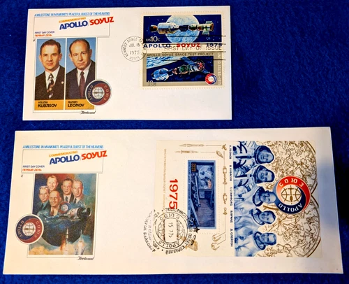 Two (2) - 1975 Apollo/Soyuz Joint Space Mission Russian Stamp First Day Covers