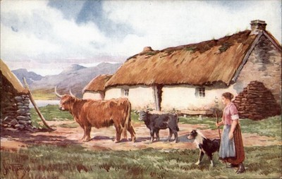 Crofter Scenes in the Highlands Going to Pasture vintage art postcard d581