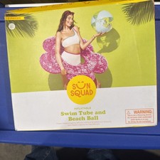 Sun Squad Inflatable Flower Swim Tube  Beach Ball 2-Piece Set   New