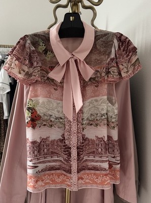 Alice + Olivia Pink Scenic Bow-Tie Ruffle Limited edition Versailles SilkBlouse