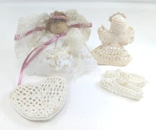 Hand Crafted Angel Christmas Ornament Lot Of 4 Crocheted Lace Heart Booties Vtg