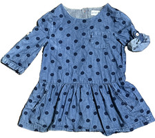 Mini Boden Dress Blue Denim Polka Dots Size 3-4Y Roll Tab Sleeves