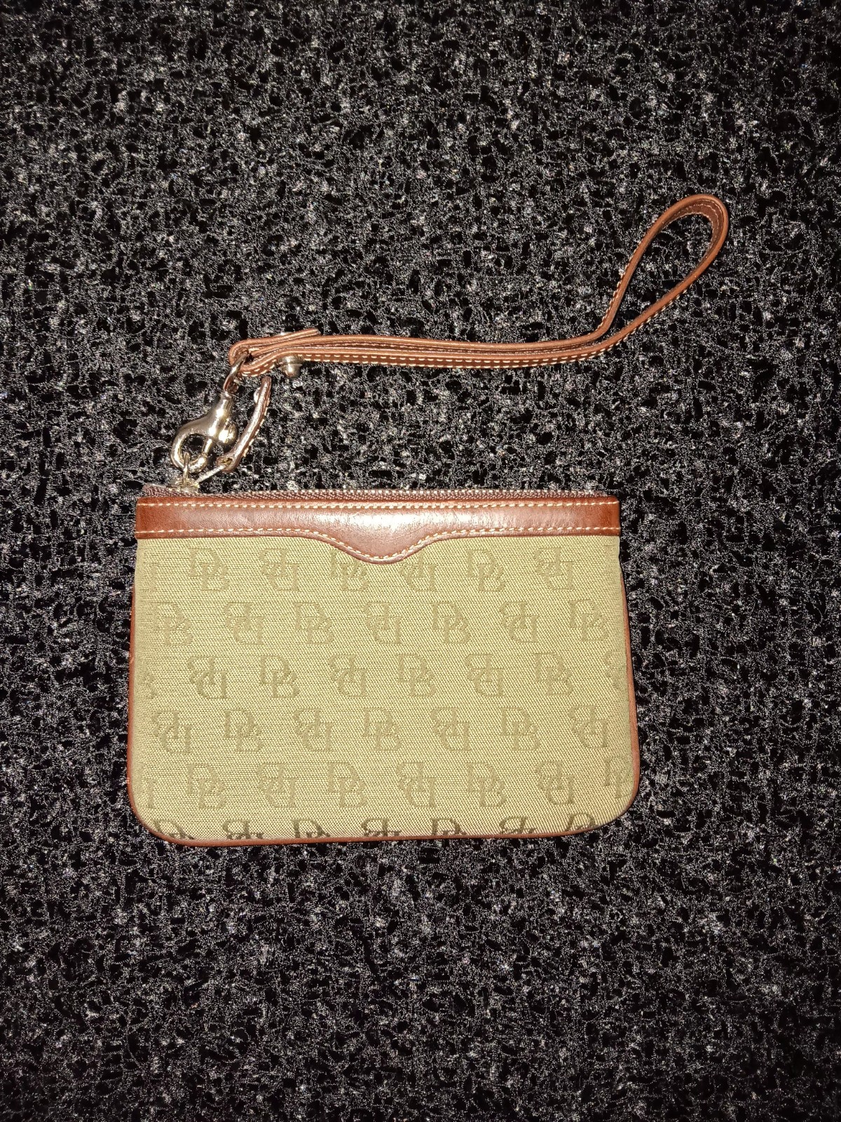 Dooney & Bourke Brown Canvas Wristlet Wallet with Leather Trim & Keychain