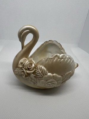 Iridescent Ceramic Swan Trinket Dish Planter with Gold Trim Applied Roses