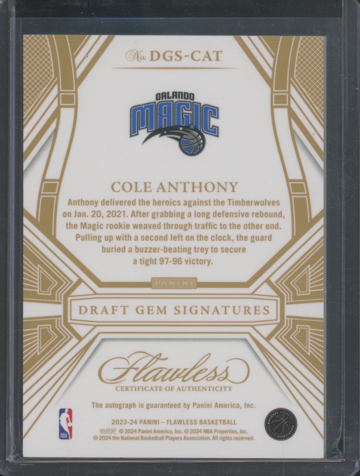 2023 Panini Flawless Gem Signatures Cole Anthony 25/25 Auto view 2