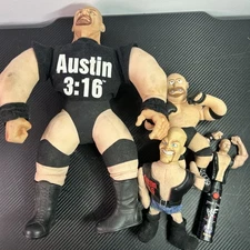 Lot of 4 Vintage Stone Cold Steve Austin Plushes and Spin Pop