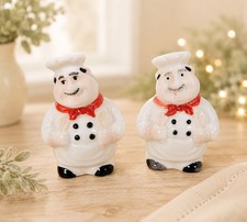 Vintage Chef Salt Pepper Shaker Set Ceramic 3" White  Black With Red Scarves