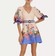 Zimmermann Dress Size 0 AU 8/ US 4 Tropicana Tie Sleeve Mini Floral Linen Belted
