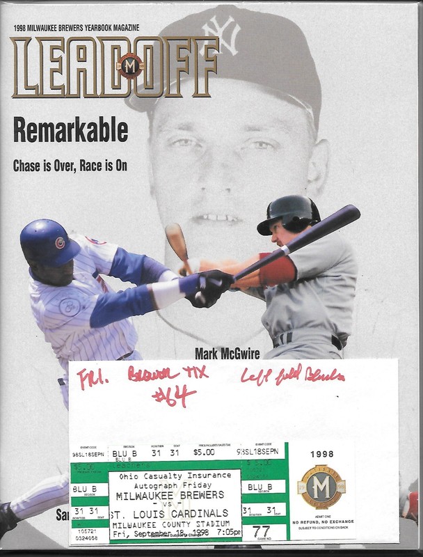 Mark McGwire HR #64 Game Ticket Milw County Stadium 9-18-98 & YEARBOOK  Program
