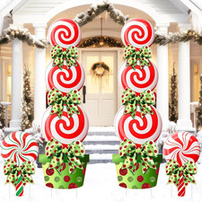 4Pcs Outdoor Christmas Candy Yard Stakes Green Red Peppermint Lawn Pathway Decor
