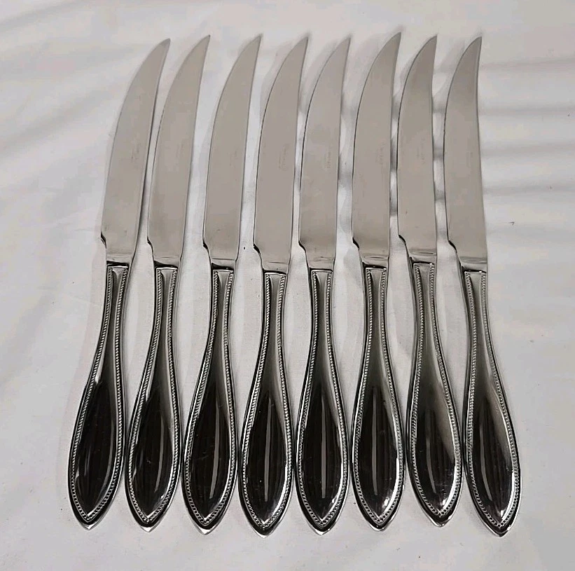 8 Wallace 18/10 American Tradition Serrated Steak Knives Beaded Stainless Solid