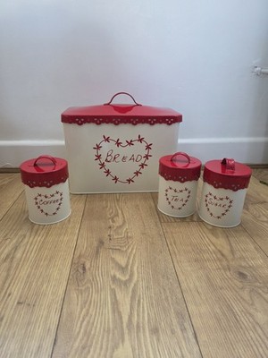 Anglaise Brotkasten Tee Zucker Kaffee 4er Set weiß rot Küche ausgestellter Rand