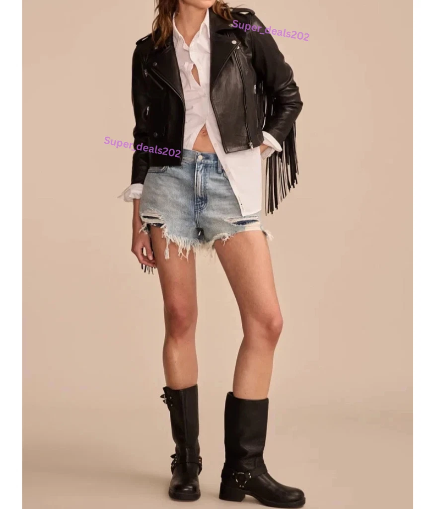 Womens Black Lambskin Leather Fringe Jacket Handmade Casual Biker Moto Coats