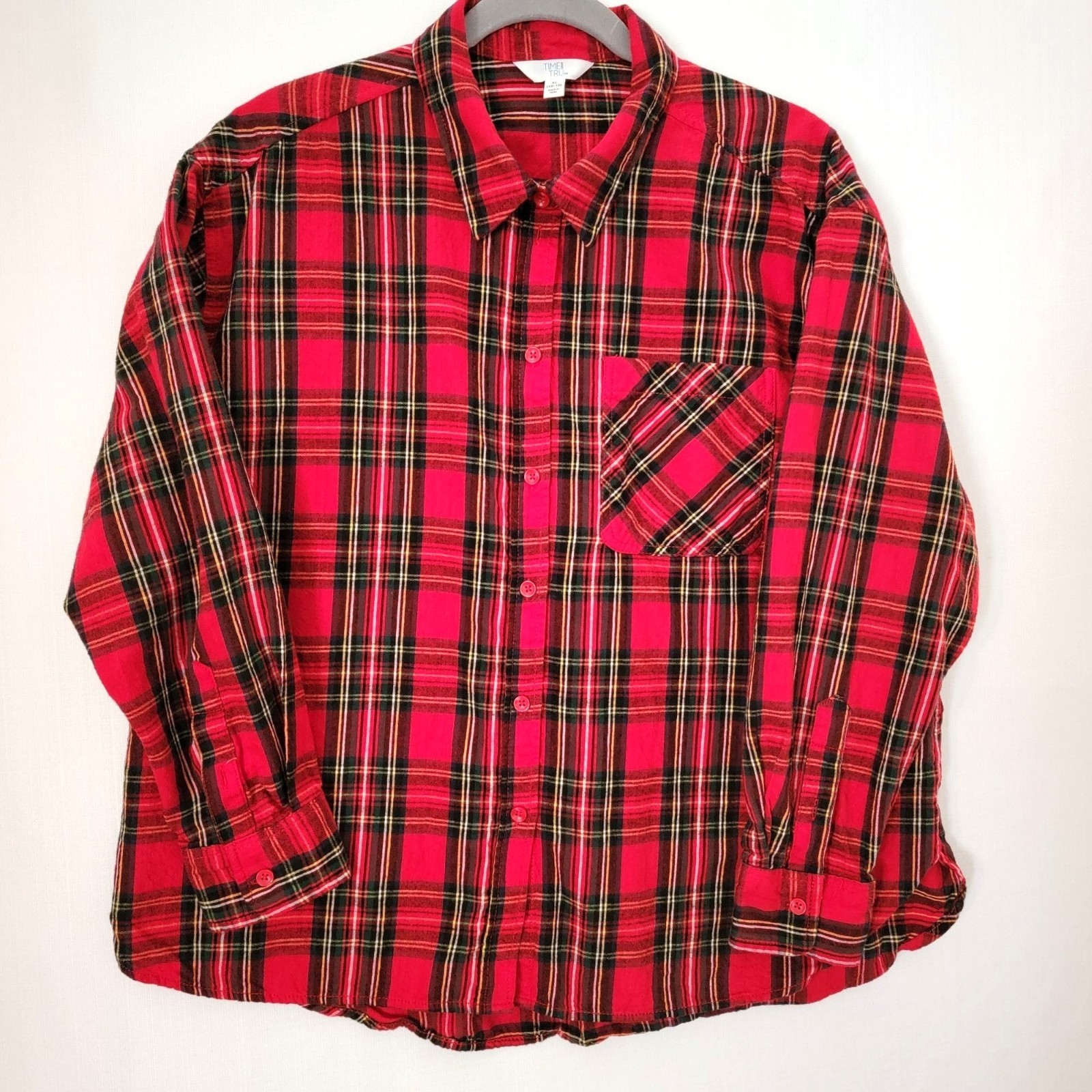 Time & Tru Button Down Shirt Womens Sz XL Flannel Long Sleeve Red Cotton Plaid
