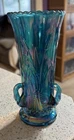 Vintage Fenton Carnival Glass Swan Vase Blue Teal Iridescent Tall Reeds