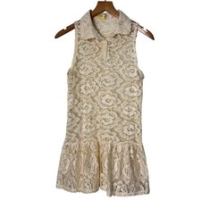 Coquette Feminine Lace Cream Floral Sleeveless Collared Blouse Top Womens Medium