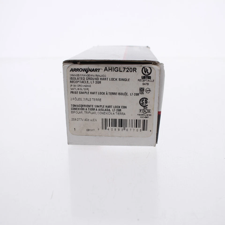 Salida de receptáculo de bloqueo de tierra aislada Arrow Hart L7-20R 20A 277V AHIGL720R Foto 4 de 4