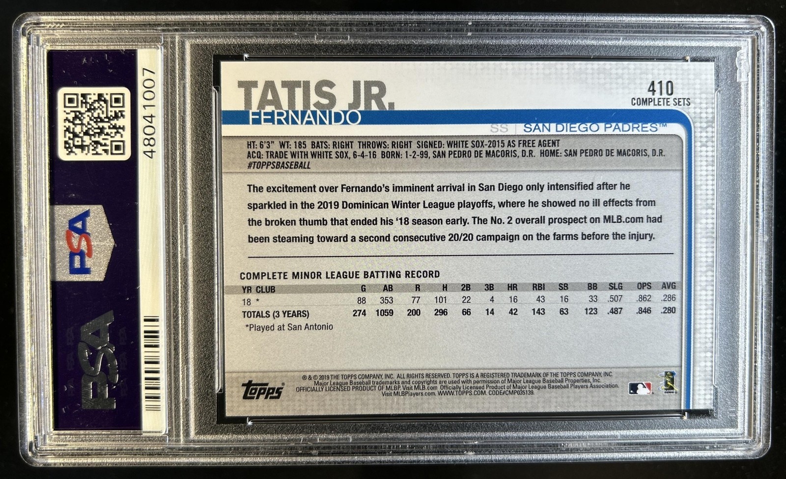 2019 Topps Fernando Tatis Jr. Rookie Image Variation Bonus SP RC #410 PSA 9 view 2
