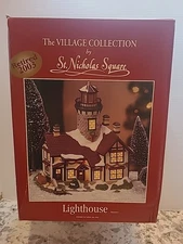 St. Nicholas Square Lighthouse 2001 Christmas Village Nautical Snow Boat NEW