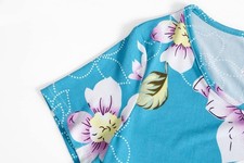 Blue Floral Jersey Knee Length A-Line Dress Short Sleeve Crew Neck Casual