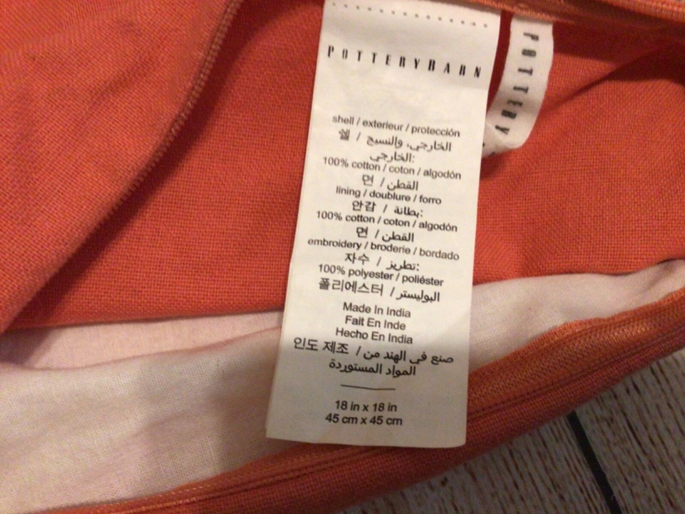 2 Pottery Barn Coral Orange/White Crewel Floral Throw Pillow Covers