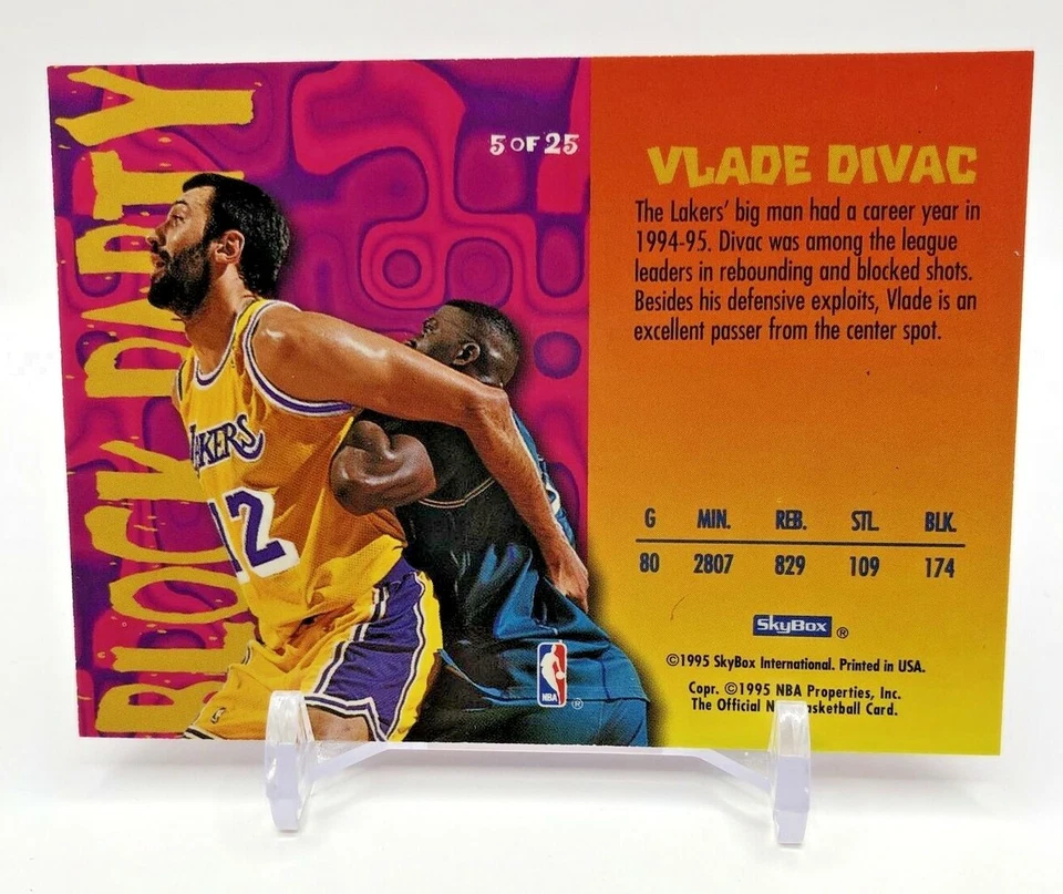 1995 SKYBOX NBA HOOPS BLOCK PARTY VLADE DIVOC LAKERS BASKETBALL CARD #5 OF 25 - Image 2 of 2