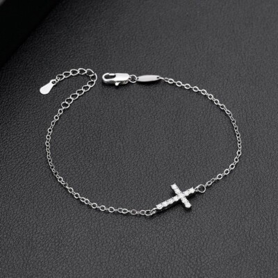 アクセサリー silver 925 cross chain bracelet Women Girl 925 Silver Sideways Religious Cz Cross Link Chain