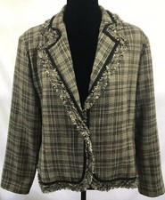 Chicos Sz 2 10-12 Black Ivory Tweed Wool Cropped Jacket Fringe Trim NEW