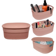 4L Plastic Storage Basket With Lid & Handle Home Office Tidy Organiser - PINK