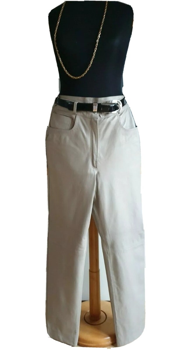 Damen Lederhose Echtes Leder Hose M Creme Beige Straight Leg