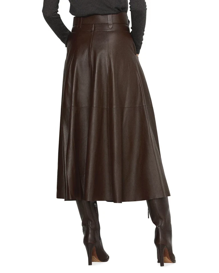Women's Lambskin Genuine Leather Skirt Flare Long Skirt A-Line Custom Made Skirt - Image 3 of 4
