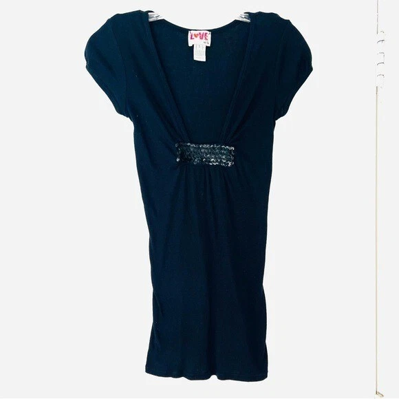LOVE from YA-YA V-Neck Ribbed Short Sleeve Top Matte Sequin Accent in Black S - Image 3 of 4