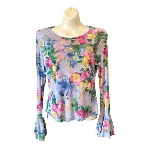 Women's Blue Sheer Floral Long Sleeve Top Size Large Y2K Style rose and grey