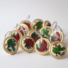 Set of 12 Vintage Christmas Poinsettia Holly Cardinal Wood Shower Curtain Hooks